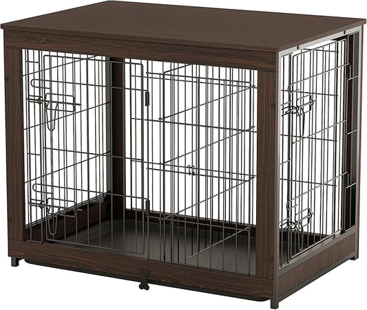 Piskyet Wooden Dog Crate Furniture with Divider Panel, Dog Crate End Table with Fixable Slide Tray, Dog Kennel Furniture, Dog Kennel Indoor for Medium Dogs(M:31.8" L*22.1" W*26.3" H,Brown Walnut)