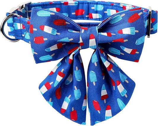 Lionet Paws Patriotic Dog and Cat Collar with Sailor Bow, 4th of July, Soft and Comfortable Adjustable Summer Popsicle Collar for Puppies and Cats, Neck 8-12 inches