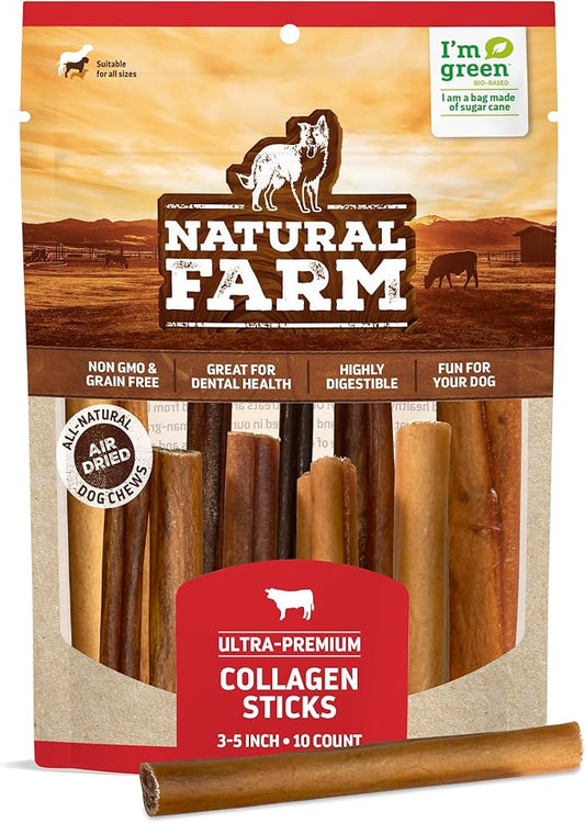 Natural Farm Collagen Dog Chews (3-5”, 10 Units), Odor-Free Long Lasting Bully Sticks & Rawhide Alternative Dog Treats, 95% Collagen Low Fat, High Protein Best Dental Dog Treats – Small & Medium Dogs