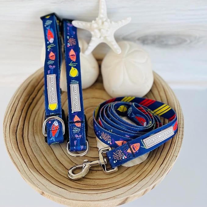 Lucky Love Dog Combo Set, Tropical Fish Dog Leash and Collar Set, Blue Color Matching Dog Collar & Leash, Part of Purchase Donated to Rescue (Small, Mackey, Combo)