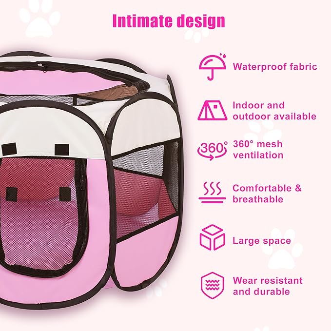 Cat Playpen Indoor, Portable Pet Play Pen for Outdoor Cat, Pink Kitten Birthing Box Exercise Playpen Tent, Waterproof Travel Dog House Kennel Camping Cage for Small Dog Animal House