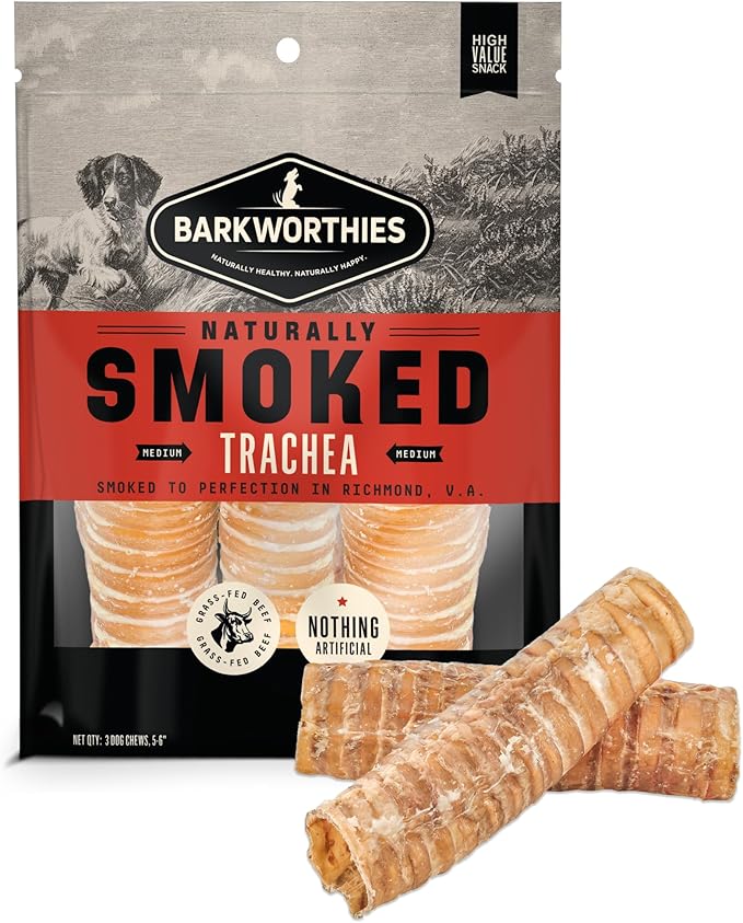 Barkworthies USA Hickory Smoked Beef Trachea 6-inch 3-Pack - Amazing Aroma, Great Taste - Natural Source of Glucosamine & Chondroitin for Hip & Joint Health, High-Protein - Natural Smoked Dog Chews