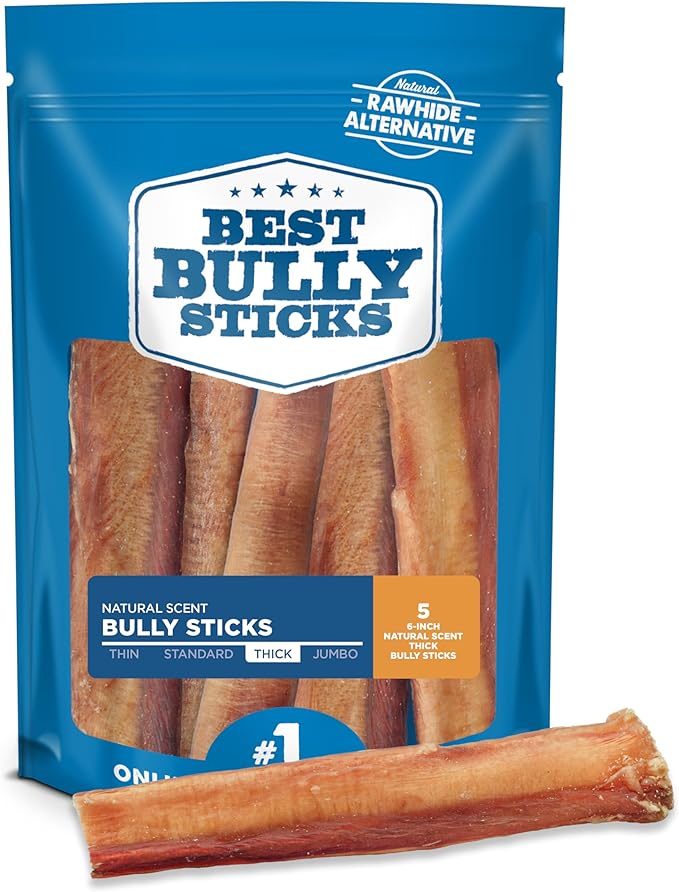 Best Bully Sticks All Natural 6 Inch Thick Bully Sticks for Large Dogs - 100% Free-Range Grass-Fed Beef - Single-Ingredient Grain & Rawhide Free Dog Chews - 5 Pack