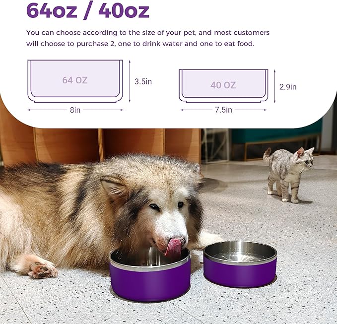 Dog Bowl, Stainless Steel Dog Food and Water Bowl with Non Slip Quiet Bottom, Easy to Clean, Dishwasher Safe, 40oz, Purple