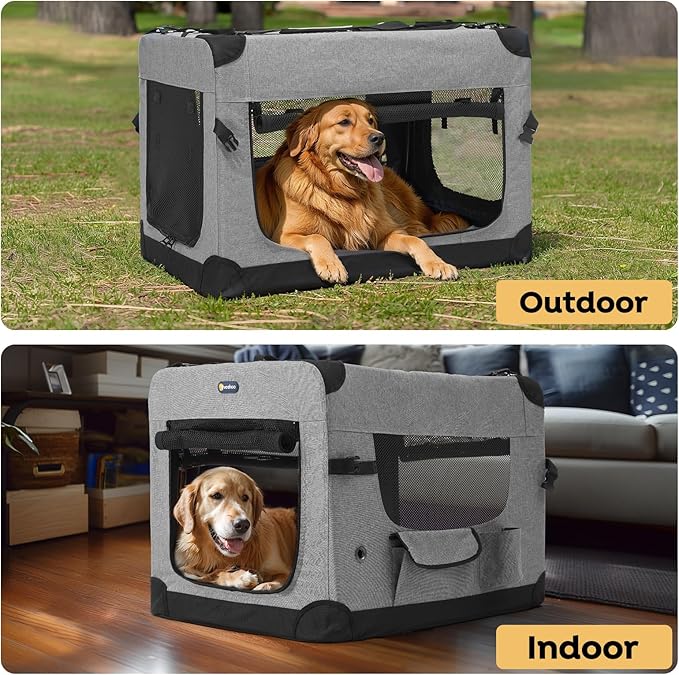 Veehoo 36 inch Folding Soft Dog Crate, 4-Door Portable Collapsible Pet Kennel Travel Dog Crate for Large Dogs, 5 x Durable Mesh Screen, 600D Oxford Fabric, Indoor & Outdoor Use, Grey, CWB2428CP