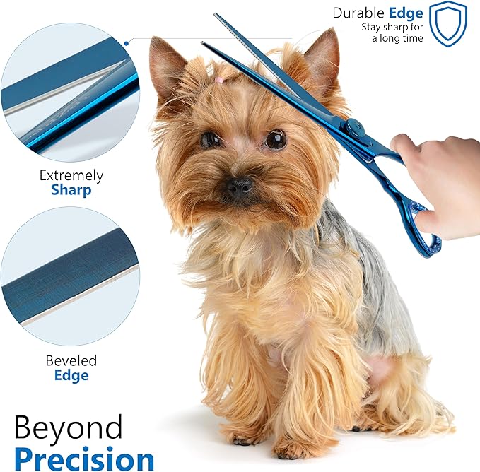 Laazar Dog Grooming Scissors - 7.0 Inch Straight Grooming Scissors for Dogs, 440C Stainless Steel Pet Grooming Scissors with Finger Rest & Case, Dog Shears for Grooming, Cat Grooming Supplies