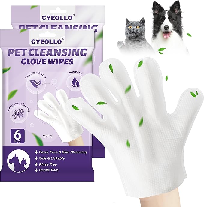 cyeollo Pet Cleaning Wipes for Dogs Fur & Butt, Dog Dry Grooming Bath Glove Wipes for Deodorizing, Lick Safe Cats Cleaning Wipes, Wash Free, 12PCS