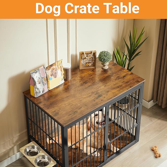 Dog Crate Furniture, 48 Inch Dog Kennel Furniture, Wooden Dog Crate Furniture Large Breed with Rotating Bowls, Heavy Duty Dogs Cage Furniture Indoor, Decorative Crates End Table, Brown
