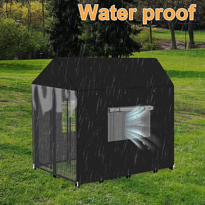 Outdoor Dog Kennel Cover Heavy Duty Full Coverage 600D Waterproof and Durable Dog Crate Cover for 8'Dx4'Wx6'H Multiple Brands of Dogs Kennelswith Mesh Breathable Good Observation（Covers Only）