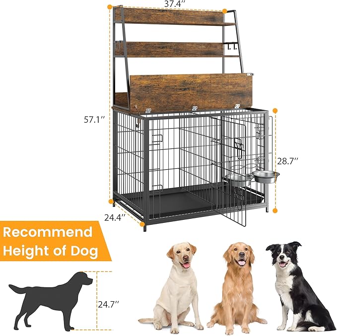 Dog Crate Furniture, 57 Inch Dog Kennel Furniture with Storage Shelves and Removable Tray, Indoor Dog House with 2 Doors and 2 Adjustable Bowls, Brown
