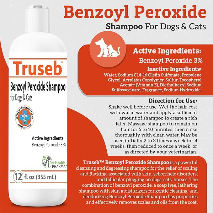 Truseb | Benzoyl Peroxide Shampoo for Dogs,Cats and Horses (Benzoyl Peroxide Shampoo, 12 oz)