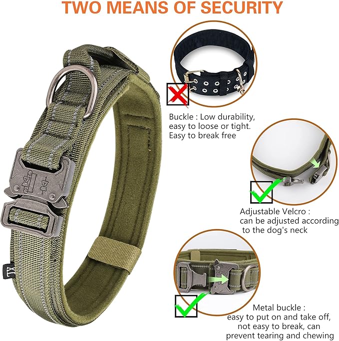 KCUCOP Tactical Dog Collar, Heavy Duty Dog Collar with Handle and Metal Buckle, Military Thick Dog Collars for Medium and Large Dogs(Green-XL-Reflective, 1 Patch)