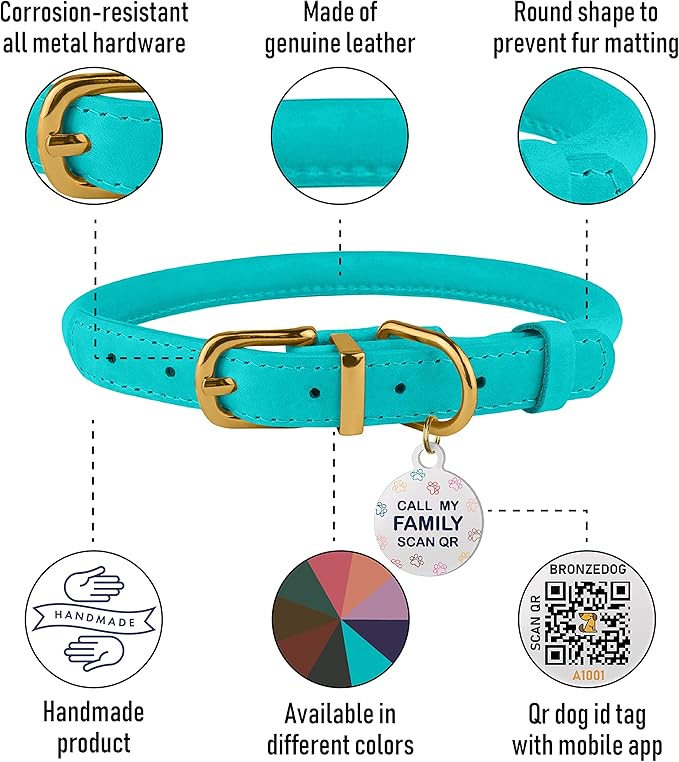 BRONZEDOG Rolled Leather Dog Collar with QR ID Tag Adjustable Soft Round Collars for Small Medium Large Dogs Puppy Cat (14" - 16" Neck Size, Turquoise)