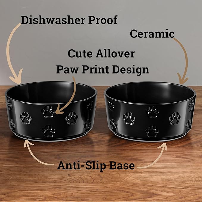 Ceramic Dog Bowl Set of 2 with Anti-Skid Base - 6.5" Wide x 2.5" Tall Ceramic Dog Bowls Medium Sized Dogs - 3 Cup Capacity Food and Water Bowls for Dogs - Rubber Bottom Pet Bowl Set of 2 Medium Size