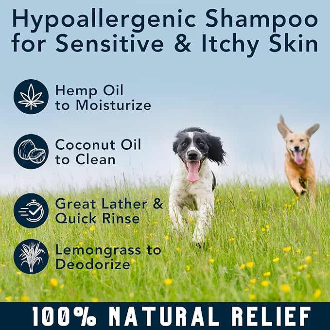 Organic Dog Shampoo, Dry, Itchy Skin and Coat Relief, Coconut Oil, Lemongrass Hemp Dog Shampoo, Puppy Shampoo 16 oz