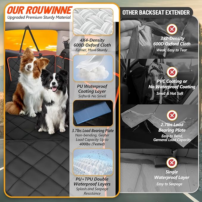 Back Seat Extender for Dogs - Holds 400lb, Hard Bottom Dog Bed Back Seat Cover, Pet Car Seat Cover Backseat Extender, Waterproof Dog Car Hammock for Car, SUV, Truck, Black/Orange