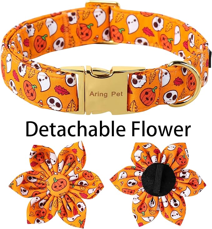 ARING PET Halloween Dog Collar-Cotton Pumpkin Dog Collar with Flower, Adjustable Halloween Themed Dog Collars Pet Necklace with Metal Buckle for Girl&Boy Dogs