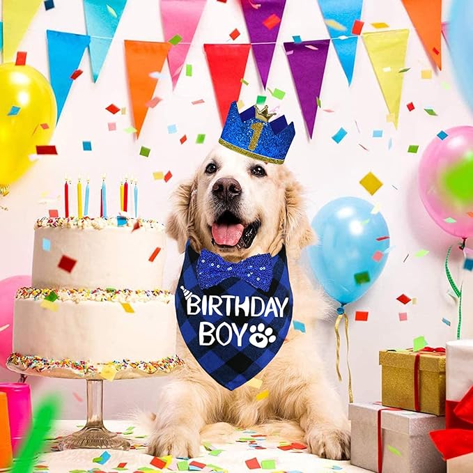 STMK Dog Birthday Party Supplies, Multi Size Dog Birthday Hat with Numbers Bandana Bow Tie for Large Extra Large Dogs Pets (Blue, X-Large)