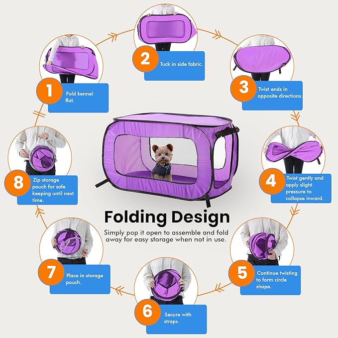 Beatrice Home Fashions Portable, Collapsible, Pop Up Kennel Travel Cat and Dog Crate, 40" L x 27" W x 27" H, Purple