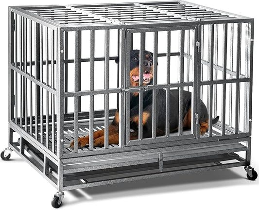 38 inch Heavy Duty Indestructible Dog Crate,2025 New Upgraded Reinforced Baseplate for Large Dogs,XL Dog Crate for High Anxiety Dogs/Max Load Capacity 200lbs/Double Door with Wheels（Silver）