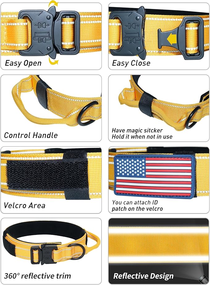AUBELL Reflective Dog Collar, Tactical Dog Collar Military Dog Collar Adjustable Nylon Dog Collar with Handle and Quick Release Buckle for Medium Large Dogs, with Airtag Case and 2 Patches(Yellow, M)