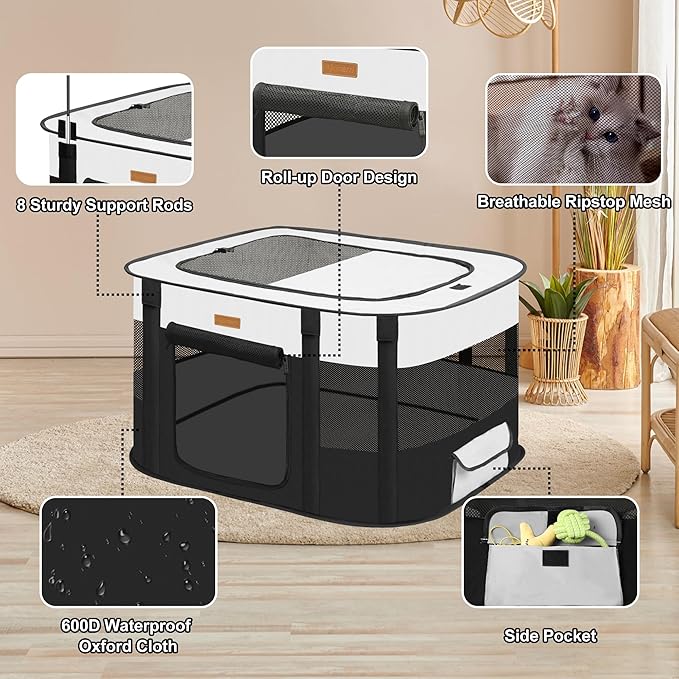 Dog Playpen - Foldable Cat Play Pens for Pubby, Kitten, Rabbit, Portable Pet Tent with Carring Bag for Indoor/Outdoor Travel Camping (Black-Medium)