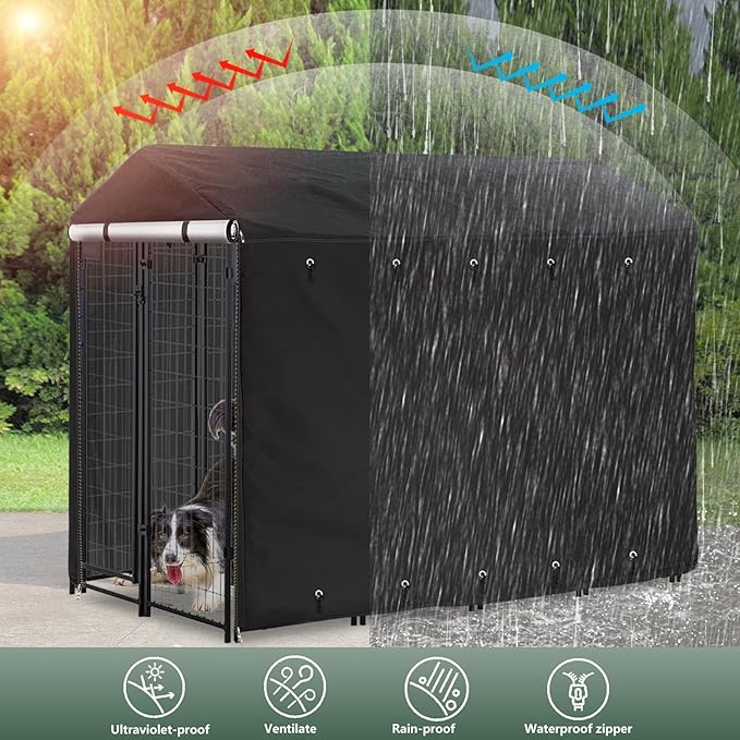Classic Black Outdoor Dog Kennel Cover 8'Dx4'Wx6'H Full Coverage Windproof Anti-UV.Waterproof Dog Kennel Cover for Multiple Brands of Dog Kennels,Cover Only,Classic Black.(Patent Pending)