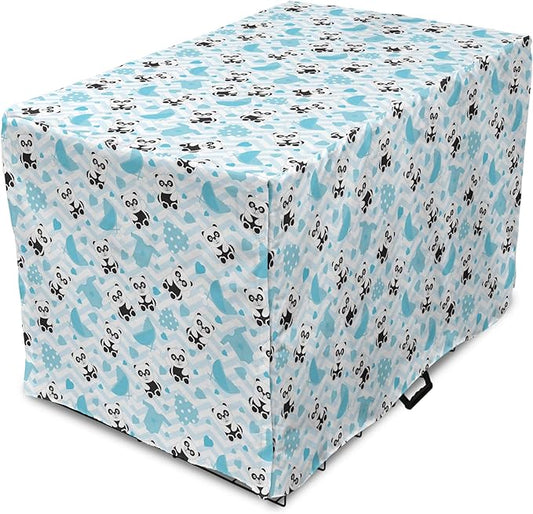 Lunarable Panda Dog Crate Cover, Chinese Bears with Stroller and Dotted Hearts on Chevron Background, Easy to Use Pet Kennel Cover for Small Dogs Puppies Kittens, 18 Inch, Pale Blue Black Blue