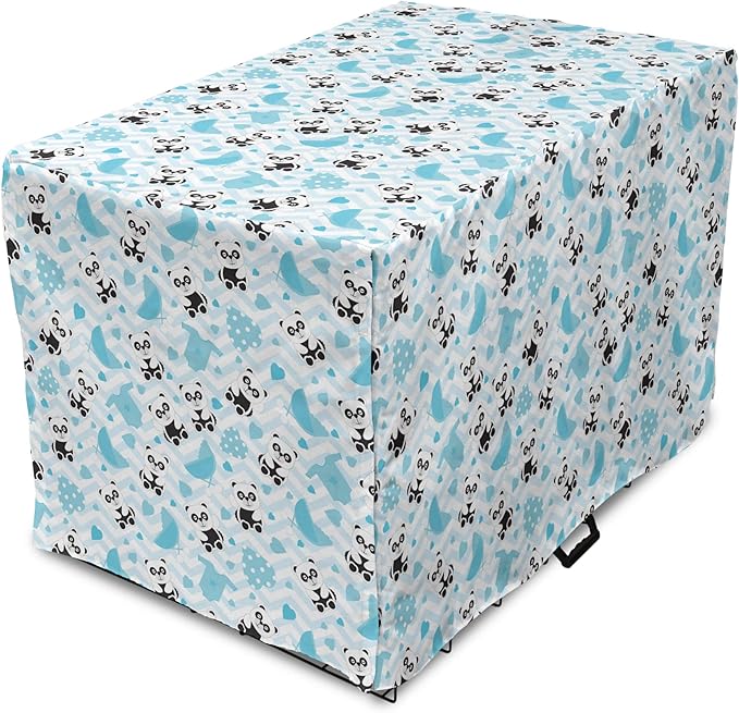 Lunarable Panda Dog Crate Cover, Chinese Bears with Stroller and Dotted Hearts on Chevron Background, Easy to Use Pet Kennel Cover for Cats & Medium Dogs, 30 Inch, Pale Blue Black Blue