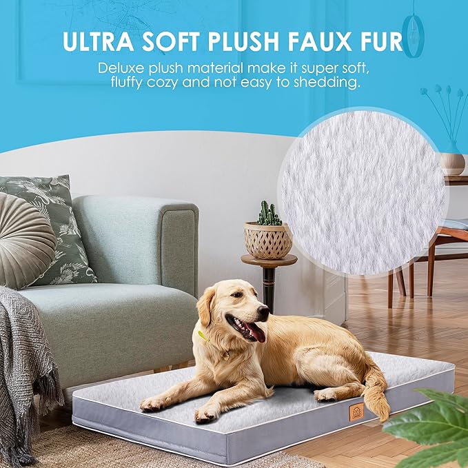 Orthopedic Dog Bed for Extra Large Dogs, Waterproof Deluxe Plush Dog Crate Bed with Removable Washable Cover & Anti-Slip Bottom, Egg Crate Foam Pet Bed Mat, 41 x 27 Inches, Silver Grey