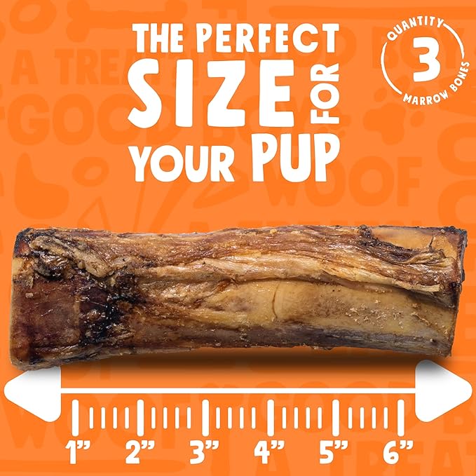 Marrow Bones for Dogs 6-Inch Premium Natural Single Ingredient Odor Free Large - Grass Fed, Non-GMO Long Lasting , Dog Bones for Medium Dogs (3-Pack)