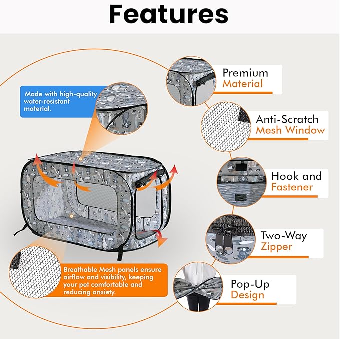 Beatrice Home Fashions Portable, Collapsible, Pop Up Kennel Travel Cat and Dog Crate, 40" L x 27" W x 27" H, Tail Waggers