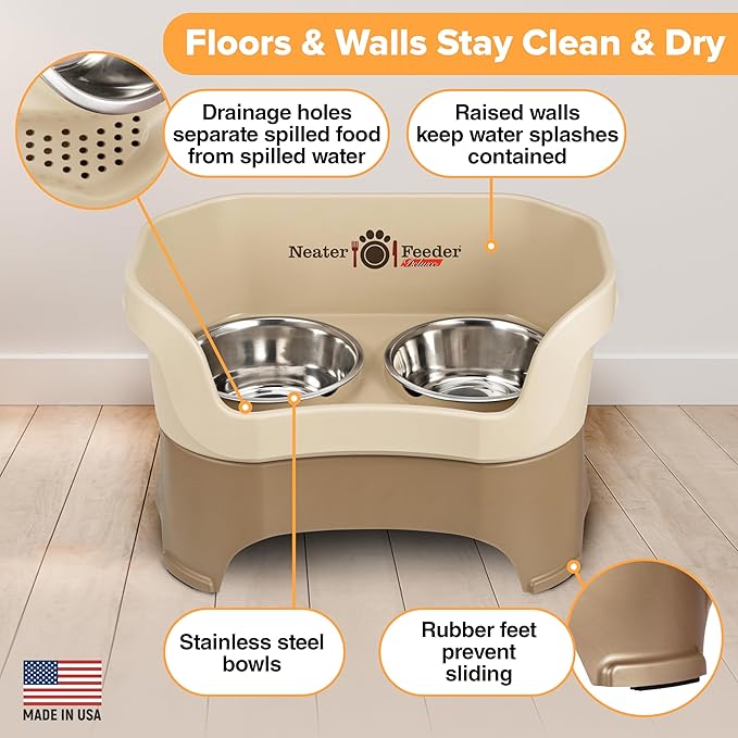 Neater Feeder Deluxe Mess Proof Dog Bowls Elevated for Large Breed – Made in USA – No Spill Raised Dog Food Bowl Stand – Stainless Steel Food and Water Bowl Set, Pet Dish Feeding Station, Cappuccino