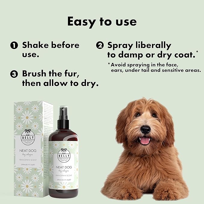 Belly Dog Cologne, 8.5 oz - Neat Dog Frangipani - Neutralize Strong Odors - Premium Scented Deodorizing Body Spray for Dogs - Made in Germany