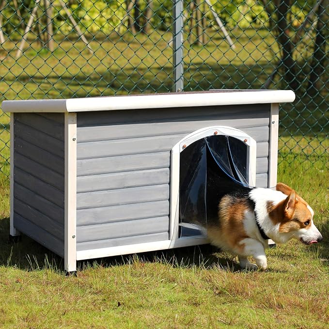 Petsfit Wooden Dog House,Outdoor Pet Kennel, Solid Wood, Weather Proof, Light Grey, Medium/40.8 X 26 X 27.6 Inch