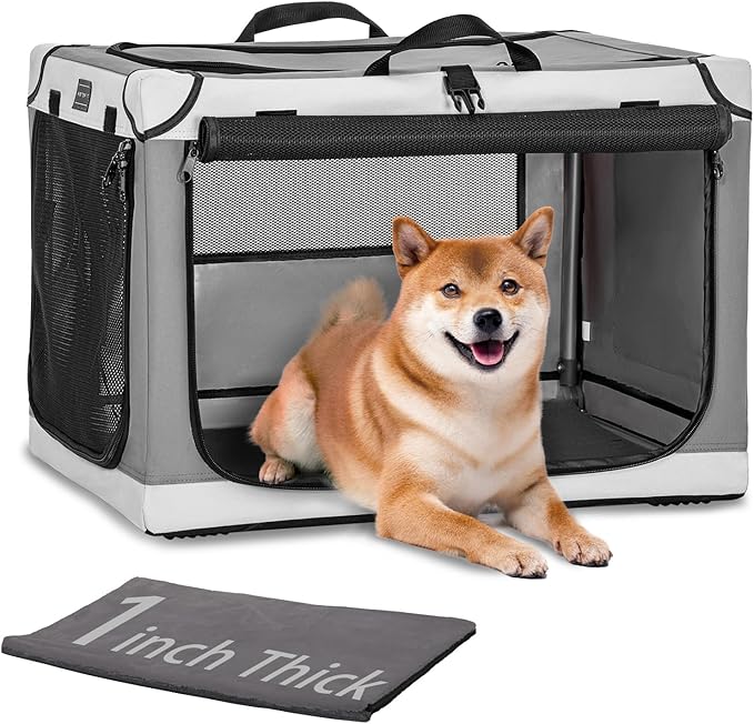 PETSFIT Soft Sided Dog Crate, Travel Dog Crate - 30 Inch Easy Set-up, Light, Sturdy, Comfy Inside with Thicken Mat, Collapsible Kennel for Home and Travel Light Grey