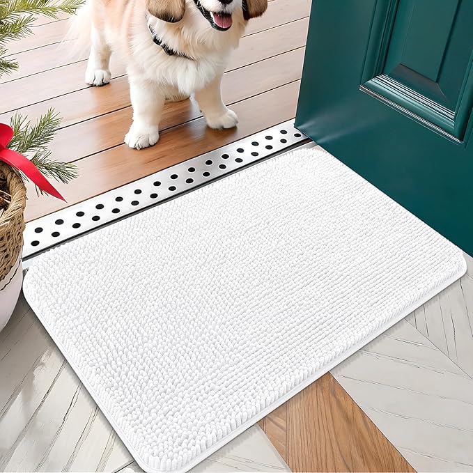 OLANLY Dog Door Mat for Muddy Paws 24x16, Absorbs Moisture and Dirt, Absorbent Non-Slip Washable Mat, Quick Dry Chenille, Mud Mat for Dogs, Entry Indoor Door Mat for Inside Floor, White