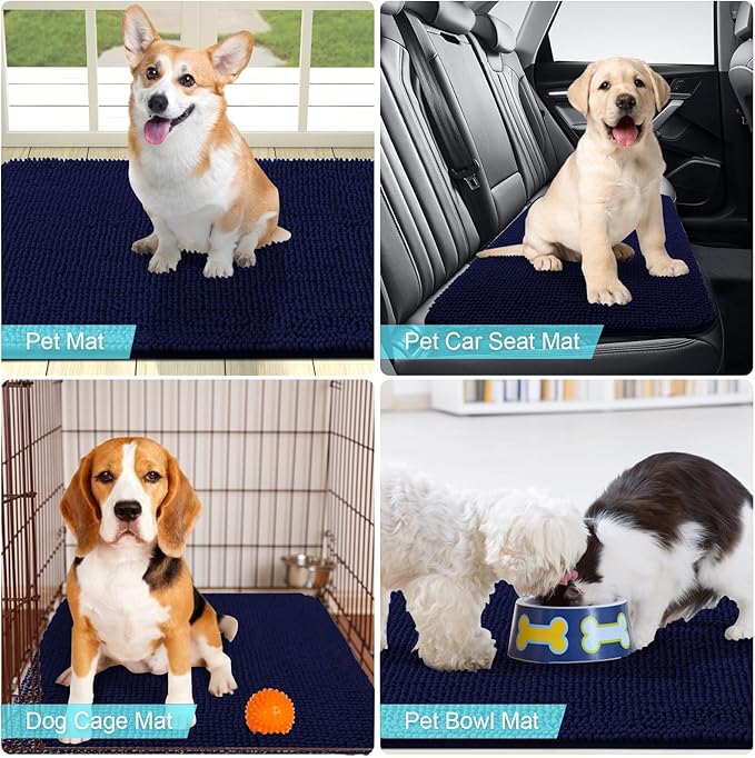 OLANLY Dog Door Mat for Muddy Paws 59x35, Absorbs Moisture and Dirt, Absorbent Non-Slip Washable Mat, Quick Dry Chenille, Mud Mat for Dogs, Entry Indoor Door Mat for Inside Floor, Navy Blue