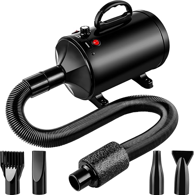 Pet Dryer, 3.8HP/2800W High Velocity Professional Pet Dryer with Heater,Pet Grooming Dryer with Stepless Speed Regulation,4 Different Nozzles,Suitable for Pet Hair Drying and Grooming