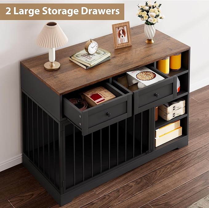 Dog Crate Furniture 47”, Large Dog Crate TV Stand with 2 Drawers and 4 Shelves, Wooden Dog Kennel Indoor, Decorative Dog Cage with Storage for Large Dogs, Black