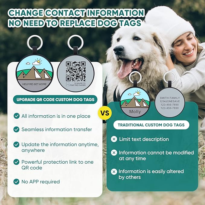 Upgraded Personalized Dog Tags Engraved with 3D QR Code for Dogs Cat Collar - Silicone Silent Pet Tag - Create Online Profile No APP Requirement (Green-Mountain-Black QR)