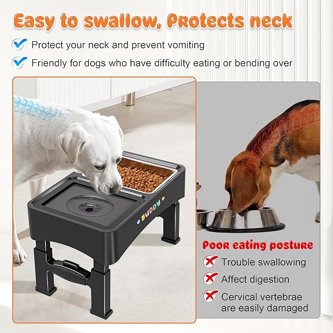 Decflow 3-in-1 Elevated Dog Bowls, 4 Height Adjustable Raised with Stainless Steel, Slow Feeder, No Spill Water Bowl, DIY Stickers Foldable Pet Bowl for Medium Large Dogs