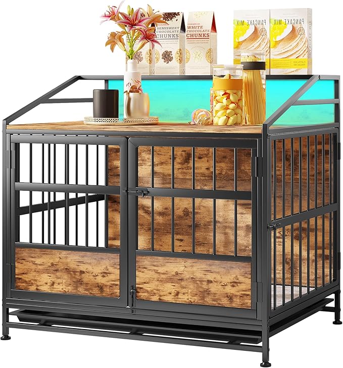 Dog Crate Furniture with Led Lights,Heavy Duty Wooden Dog Kennel with Double Doors,Dog House Indoor for Small Medium Dogs,End Table with Shelves,Black and Brown(34.65" L×24.02W×31.5" H)
