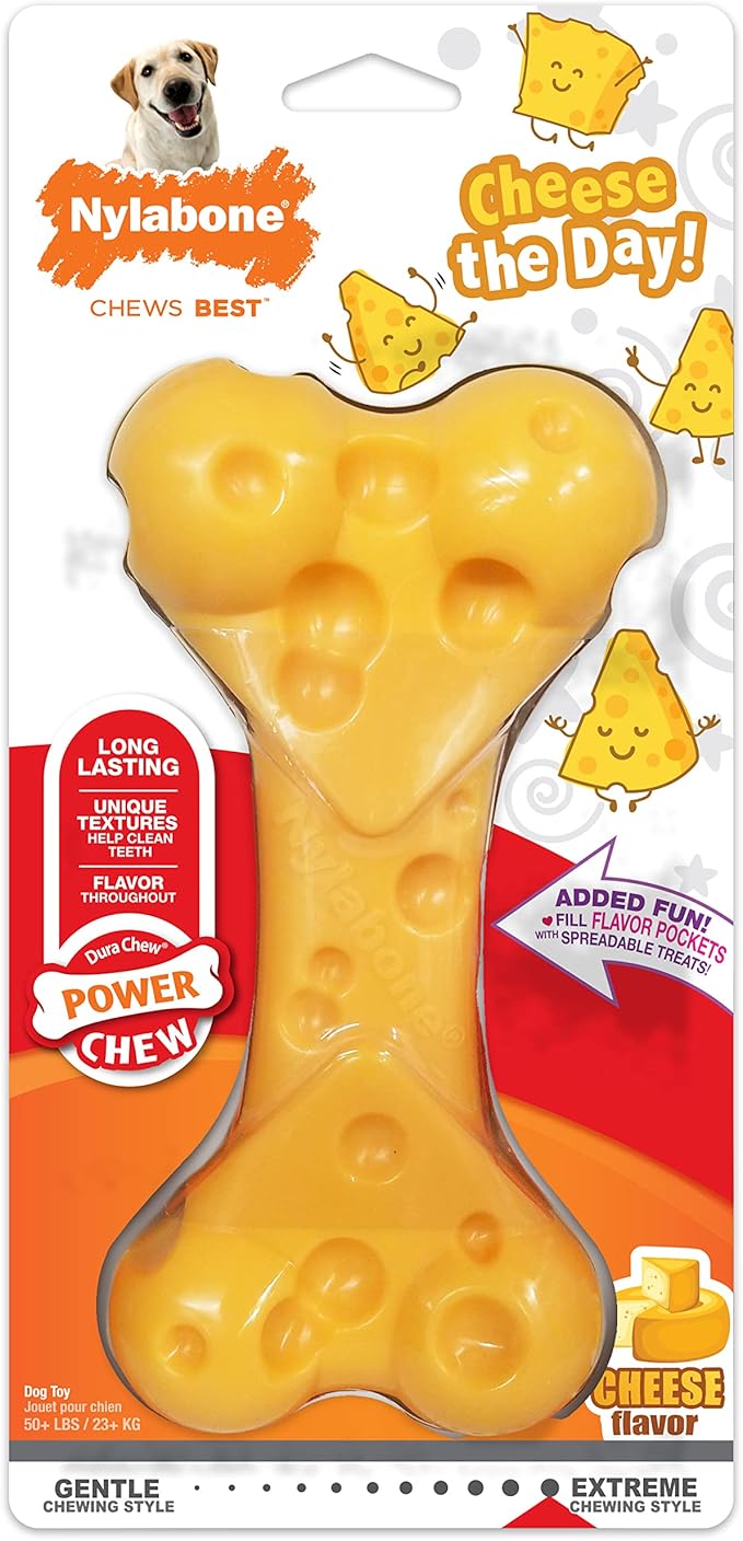 Nylabone Power Chew Cheese Bone Dog Chew Toy, Cute Dog Toys for Aggressive Chewers, Cheese Flavor, X-Large/Souper (1 Count)