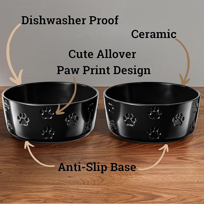 Ceramic Dog Bowl Set of 2 with Anti-Skid Base - 7.5" Wide x 3" Tall Ceramic Dog Bowls for Large Dogs - 5 Cup Capacity Food and Water Bowls for Dogs - Rubber Bottom Pet Bowl Set of 2 for Large Pets