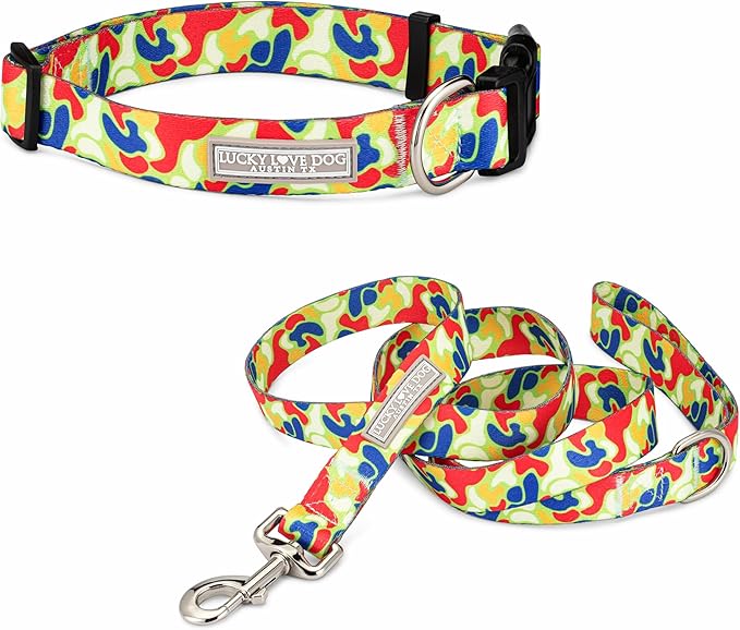 Lucky Love Dog Patterned Dog Collar & Leash - Adjustable, Durable, Soft Webbing, & Comfortable Dog Collar & Leash Set for Male and Female Dogs - in Oscar Pattern with Strong Buckle, X-Small Size