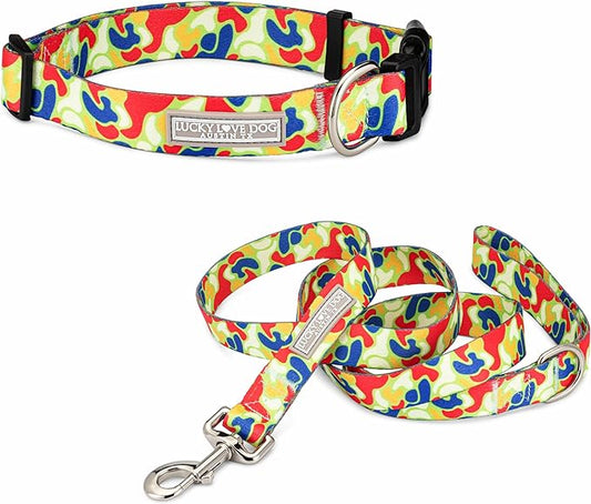 Lucky Love Dog Patterned Dog Collar & Leash - Adjustable, Durable, Soft Webbing, & Comfortable Dog Collar & Leash Set for Male and Female Dogs - in Oscar Pattern with Strong Buckle, Medium Size