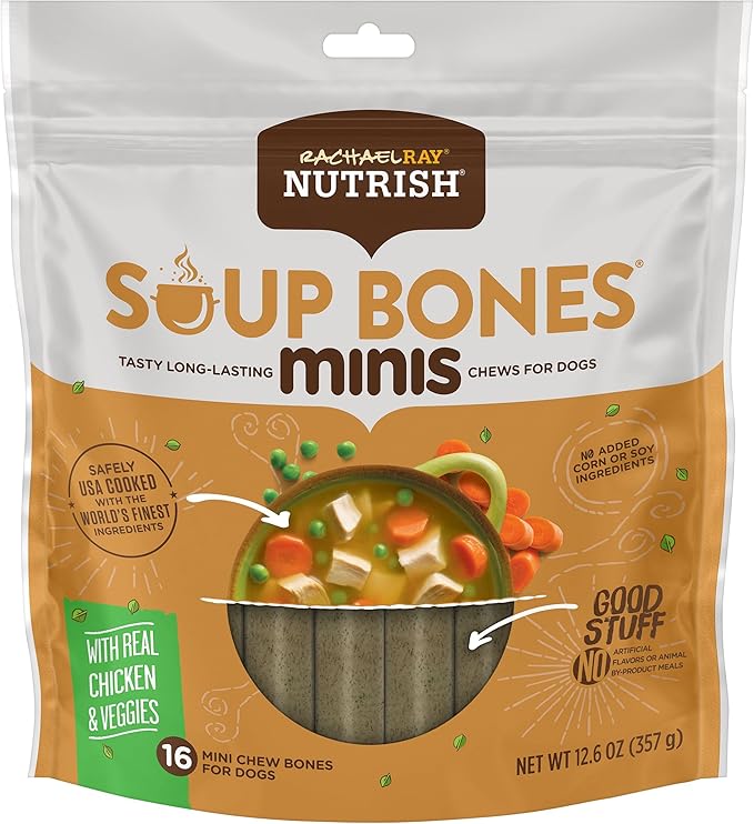 Nutrish Rachael Ray Soup Bones Minis Dog Chews with Real Chicken & Veggies, 16 Chews, 12.6 oz (Pack of 6)