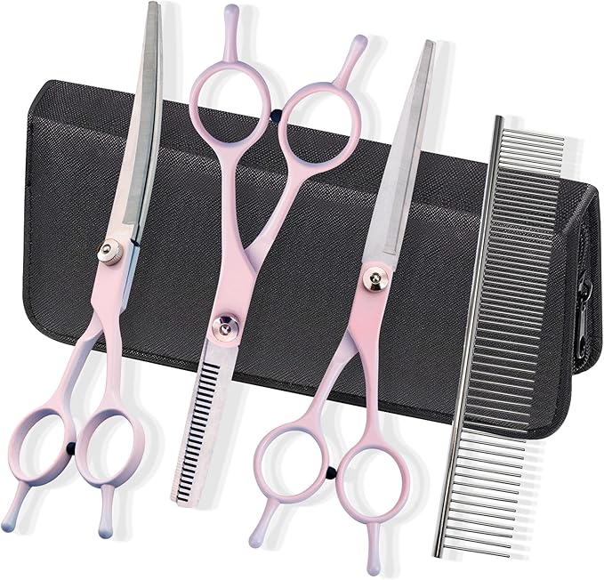 Dog Grooming Scissors Kit, Fcysy Professional Dog Trimming Scissors Set, Hair Cutting Curved Thinning Shears for Pet Cat at Home, Pet Grooming Supplies