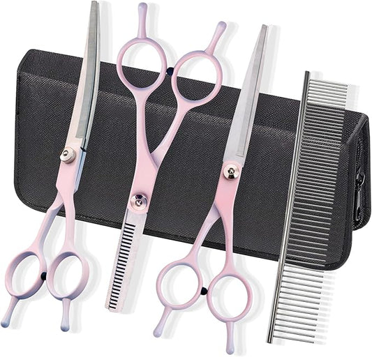 Dog Grooming Scissors Kit, Fcysy Professional Dog Trimming Scissors Set, Hair Cutting Curved Thinning Shears for Pet Cat at Home, Pet Grooming Supplies